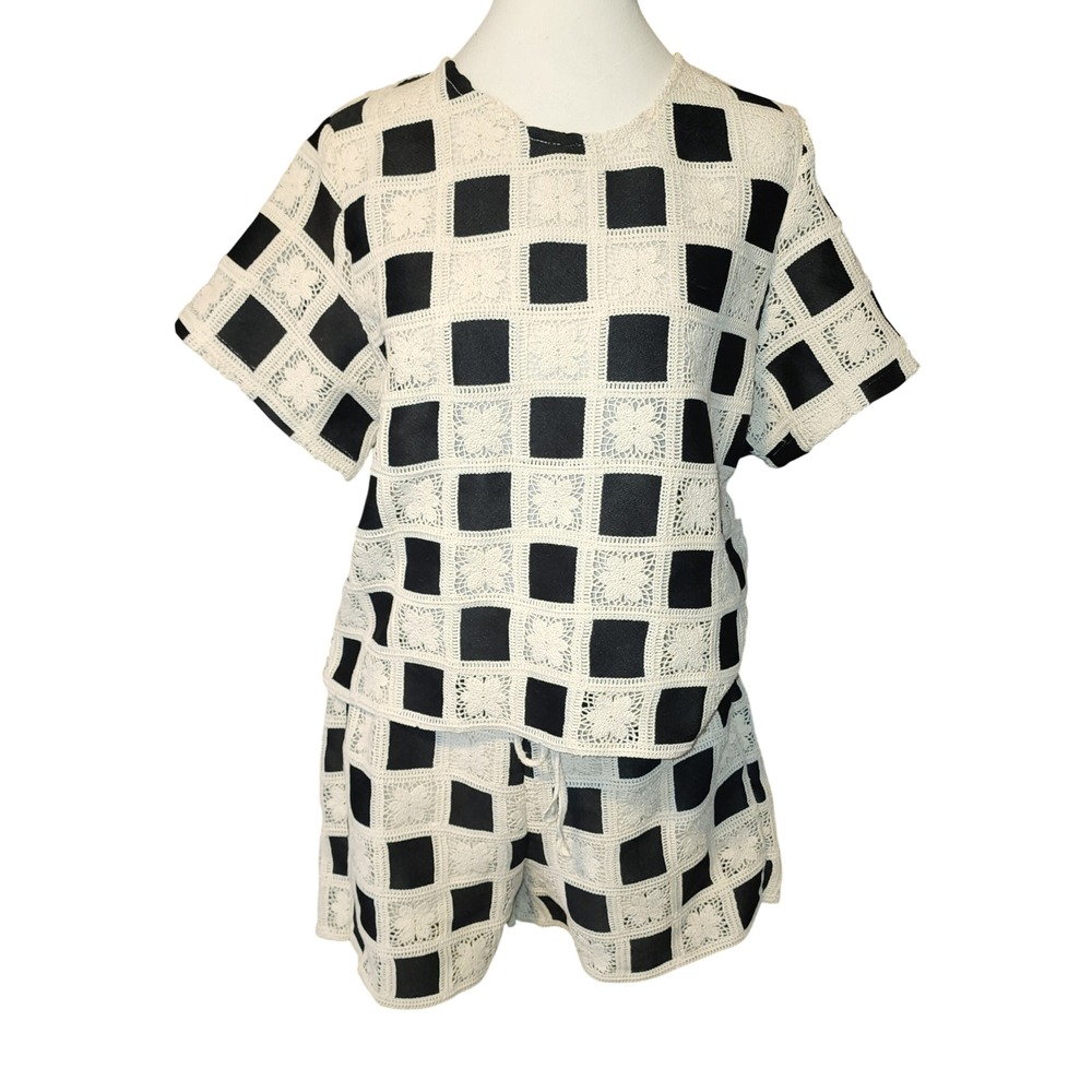 Solitaire Womens Black Cream Checkered Floral Crochet Top and Shorts Set Size S